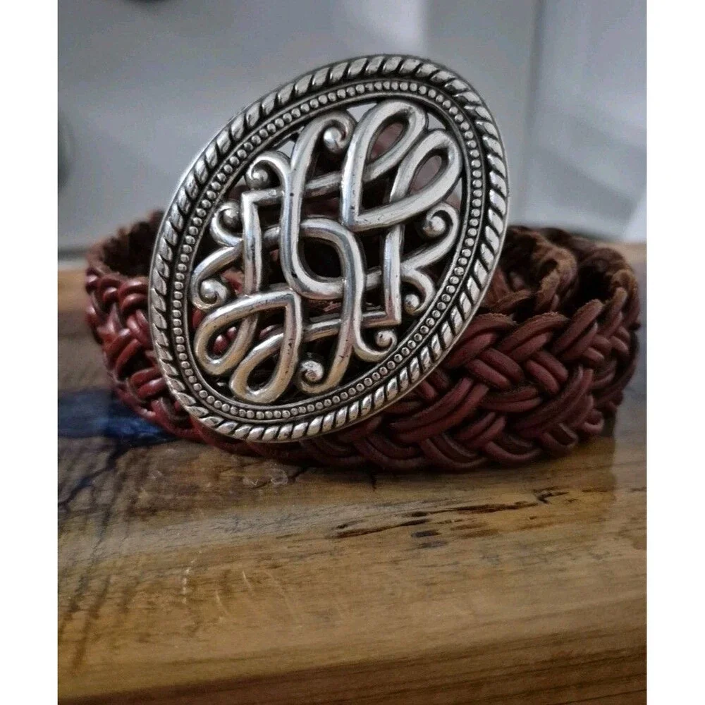 VTG Western Belt Womens Woven Braided Oxblood Silver Tone Filigree Buckle Size S